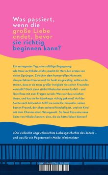 Text in kräftigen Farben auf pinkem Hintergrund: Eine Liebesgeschichte, die sich mit Fragen nach Verlust und Erkenntnis beschäftigt.