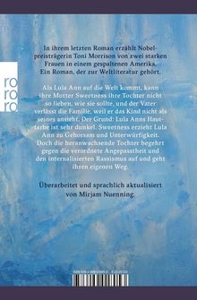 Beschreibung eines Romans von Toni Morrison über zwei starke Frauen. Hintergrund in verschiedenen Blautönen. Links ein blau-weißes Logo: rororo.