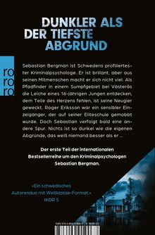 "Dunkler als der tiefste Abgrund." Text über Sebastian Bergman, Kriminalpsychologe, und eine Buchbeschreibung. Logo: rororo.