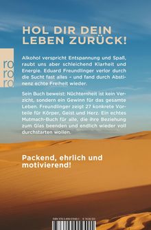 „Hol dir dein Leben zurück!“ Ein motivierender Text über Nüchternheit vor Wüstenlandschaft. Links „rororo“-Logo. ISBN unten.