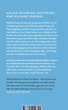 Blauer Hintergrund. Oben: „Als die Trauer bei mir einzog, war ich Ende zwanzig.“ Unten Zitat von Caroline Wahl.