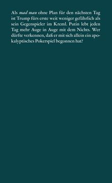 Weißer Text auf dunklem Hintergrund diskutiert Trump und Putin, ein "apokalyptisches Pokerspiel" und Risiken.