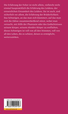Text über Leiden und Brüderlichkeit auf dunkelrotem Hintergrund. Unten ISBN: 978-3-518-24419-7 und www.suhrkamp.de.