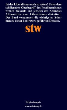 Text über Liberalismus-Debatte sowie "stw" Logo in orange. Hell auf dunkelblauem Hintergrund. Suhrkamp Verlag erwähnt.