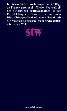 Text über Michel Foucaults Analyse der Disziplinargesellschaft, Logo „stw“, dunkelblauer Hintergrund.