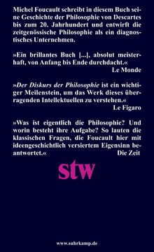 Textrezensionen über Michel Foucaults Philosophiegeschichte von Descartes bis zum 20. Jahrhundert, mit stw-Logo unten.