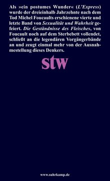 Der Text ehrt Michel Foucaults vierten Band der Serie "Sexualität und Wahrheit" als "postumes Wunder". Unten ist ein lila "stw"-Logo.