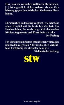 Texte über kritische Gedanken und Adornos Relevanz. Zitate von "der Freitag" und "Süddeutsche Zeitung". "stw"-Logo.
