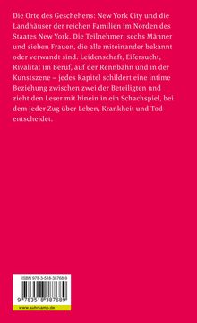 Ein pinker Hintergrund mit weißem Text beschreibt Orte wie New York und Themen wie Leidenschaft und Rivalität. Unten Barcode.