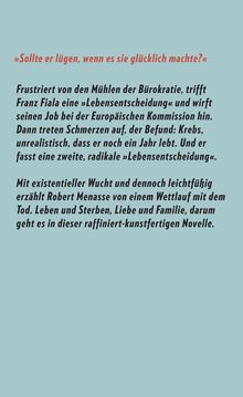 "Frustriert von den Mühlen der Bürokratie" beschreibt eine Novelle über Leben, Sterben und Entscheidungen. Türkiser Hintergrund.