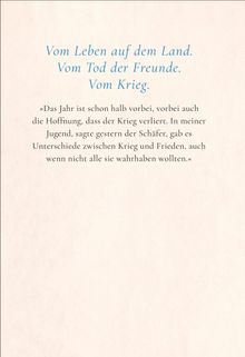 "Vom Leben auf dem Land. Vom Tod der Freunde. Vom Krieg." Darunter ein Zitat über Jugend und Krieg. Cremefarbener Hintergrund.