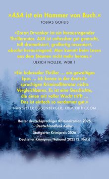 Zitate von Tobias Gohlis, Ulrich Noller und Hanspeter Eggenberger loben den Thriller "ASA". Preise 2025/2026 erwähnt. Hintergrund: Waldillustration.
