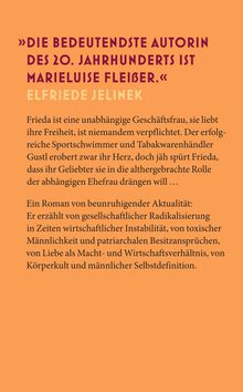 Zitat: „Die bedeutendste Autorin des 20. Jahrhunderts ist Marieluise Fleißer.“ Elfriede Jelinek. Text über Frieda. Hintergrund orange.