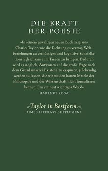 "DIE KRAFT DER POESIE" und Zitate von Hartmut Rosa, Lob für Charles Taylor. Grüner Hintergrund mit weißem Text.