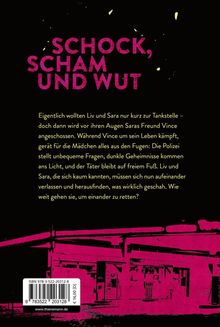 "Schock, Scham und Wut" in großen Buchstaben, darunter ein dramatischer Text. Unten eine rosa Tankstellen-Illustration.