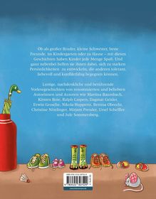 Text über Kinder, die durch Geschichten Persönlichkeiten entwickeln. Unten Schuhe, Spielzeugmaus, Federball, roter Behälter.