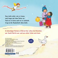 Nun helfe jeder, wie er kann, und fange mit dem Teilen an. Zwei Kinder mit Laternen und ein Vogel im Schnee.