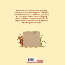 Text über Spiel mit Karton, Fantasie, Entdeckung. Illustration zeigt Maus hinter Karton, etwas Grünzeug daneben.