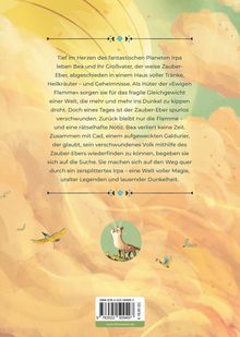 Text über eine magische Reise auf dem Planeten Irpa. Hintergrund in warmen Gelbtönen mit Vögeln und einem Tier unten.