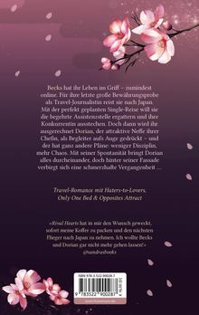 Text über einen Roman: Becks, Travel-Journalistin, reist nach Japan mit Dorian. Sakura-Blüten im Hintergrund. Genre: Travel-Romance.