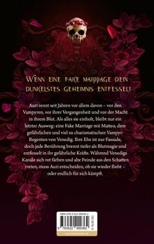 Eine Totenkopf-Illustration mit Blumenkranz umgeben von roten Blättern. Text erzählt über eine Fake Marriage voller Geheimnisse.