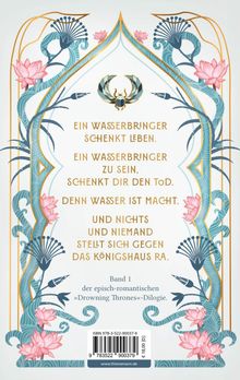 Ein Spruch über Wasserträger und das Königshaus Ra. Oben ein Skarabäus. Floraler Rahmen mit blauen und rosa Akzenten.