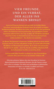 **Texte:** Vier Freunde. Und ein Verrat, der alles ins Wanken bringt.  
Beschreibung: Roter Hintergrund, Text in Weiß und Gelb.