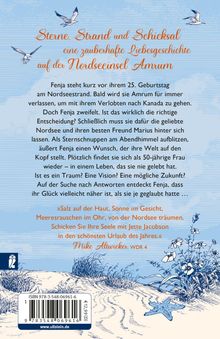 „Sterne, Strand und Schicksal“, Text über Fenjas Zweifel und ein Zitat von Mike Altwicker. Illustration von Möwen und Strand.