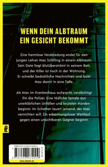 "WENN DEIN ALBTRAUM EIN GESICHT BEKOMMT" in Gelb auf dunklem Hintergrund, darunter ein spannender Text. Unten ein Logo.