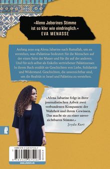 Zitat von Eva Menasse über Alena Jabarines Stimme. Text über Jabarines Reise nach Ramallah. Foto von Jabarine unten links.