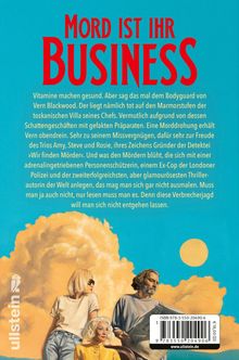 „MORD IST IHR BUSINESS“ in Rot oben. Darunter Text über einen toten Bodyguard Vern Blackwood. Drei Personen und Wolken.
