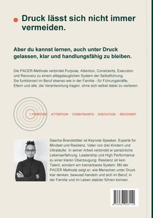 "Druck lässt sich nicht immer vermeiden. Aber du kannst lernen, auch unter Druck gelassen, klar und handlungsfähig zu bleiben." Unten ist eine Illustration mit konzentrischen Kreisen und Text: "Purpose · Attention · Constraints · Execution · Recovery". Ein Porträtfoto zeigt eine Person mit Brille und dunkler Kleidung.