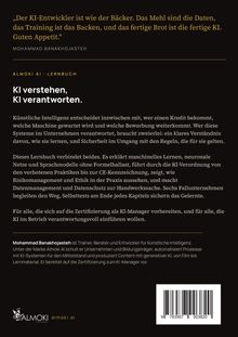 Zitat über KI und Bäcker, Titel: "KI verstehen, KI verantworten." Infos zum Buchinhalt und Autor. Almoki AI Logo.