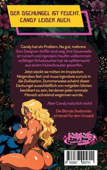 "Der Dschungel ist feucht. Candy leider auch." Illustration einer blonden Frau im Leoparden-Bikini im Dschungel.