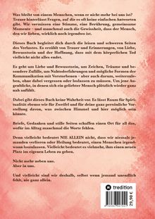 Text über Trauer und Verlust, das Buch behandelt Liebe, Bewusstsein, Abschied, und das Gefühl nie ganz allein zu sein. Roter Hintergrund.