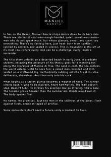 "Manuel García" ist zentral zu lesen. Text beschreibt eine sinnliche Erzählung über Begegnungen am Strand. Oben ein Logo.