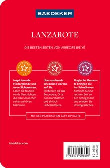 Roter Hintergrund mit weißem und orangem Text über Lanzarote. Oben "BAEDEKER". Unten ISBN und Preisangaben.
