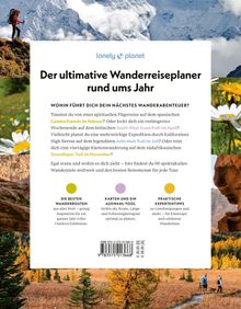 Texte: "Der ultimative Wanderreiseplaner rund ums Jahr". Naturfotos von Berglandschaften und Blumen. Logo: lonely planet.