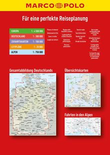 Für eine perfekte Reiseplanung, Gesamtabbildung Deutschlands, Übersichtskarten, Fahrten in den Alpen. Logo oben: MARCO POLO.
