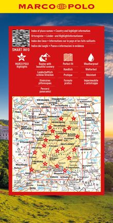 Texts: "MARCO POLO", "SMART INFO", "Highlights", "Landschaftlich schöne Strecken", "Handlich", "Wetterfest". 

Illustration: Landkarte mit markierten Orten.