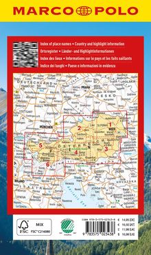 Text: "Index of place names • Country and highlight information". Karte zeigt Österreich und Umgebung. Oben "MARCO POLO" in Gelb.