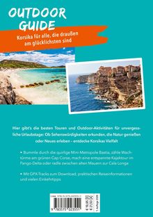 "OUTDOOR GUIDE Korsika für alle, die draußen am glücklichsten sind." Oben: Felsen am Meer. Unten: Strand mit klarem Wasser.