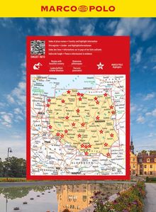 Oben steht "MARCO POLO". Eine Karte von Polen mit roten Sternen für Highlights. Im Hintergrund ein Schloss.