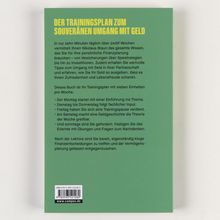 Grüner Hintergrund mit gelbem Titel: "DER TRAININGSPLAN ZUM SOUVERÄNEN UMGANG MIT GELD". Text erklärt Wochenplan zum Thema Finanzen.