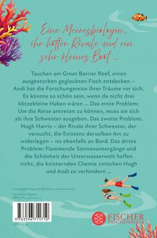 Eine Meeresbiologin, ihr hotter Rivale und ein sehr kleines Boot... Bunte Korallen, zwei tauchende Figuren, ein Fisch. Fischer Taschenbuch Logo.