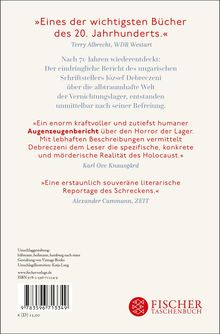 Textzitate loben ein Buch über den Holocaust. Unten ein Fischer Taschenbuch Logo. Eher schlichtes Design.