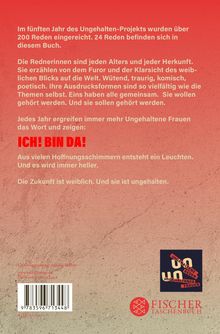 Texte beschreiben ein Buch über Reden von Frauen. Der Satz "ICH! BIN DA!" hebt sich in Rot ab. Unten rechts ein Logo.