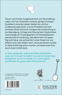 Texte beschreiben das Leben von Christoph Kuckelkorn zwischen Bestattungen und Karneval. Unten rechts ist ein Logo.