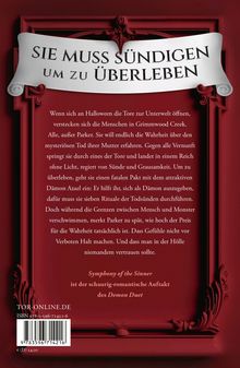 "SIE MUSS SÜNDIGEN UM ZU ÜBERLEBEN" auf einem kunstvollen roten Rahmen, gefolgt von einem spannenden Klappentext.