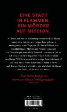"Eine Stadt in Flammen. Ein Mörder auf Mission." Beschreibung eines spannenden Krimis während Pariser Protesten.